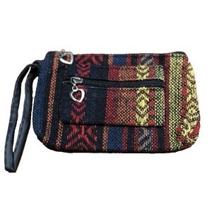 Woven Wristlet Coin Purse Pouch Geo Multicolored Double Zipper Closure Lined NEW